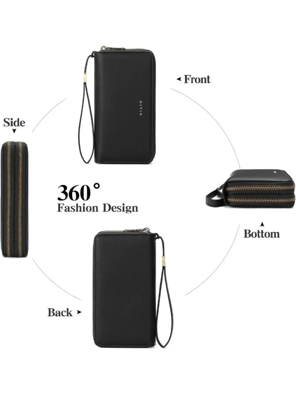 Stylish Black Zip Around Wristlet Wallet for Women - 2 Compartments, Clutch